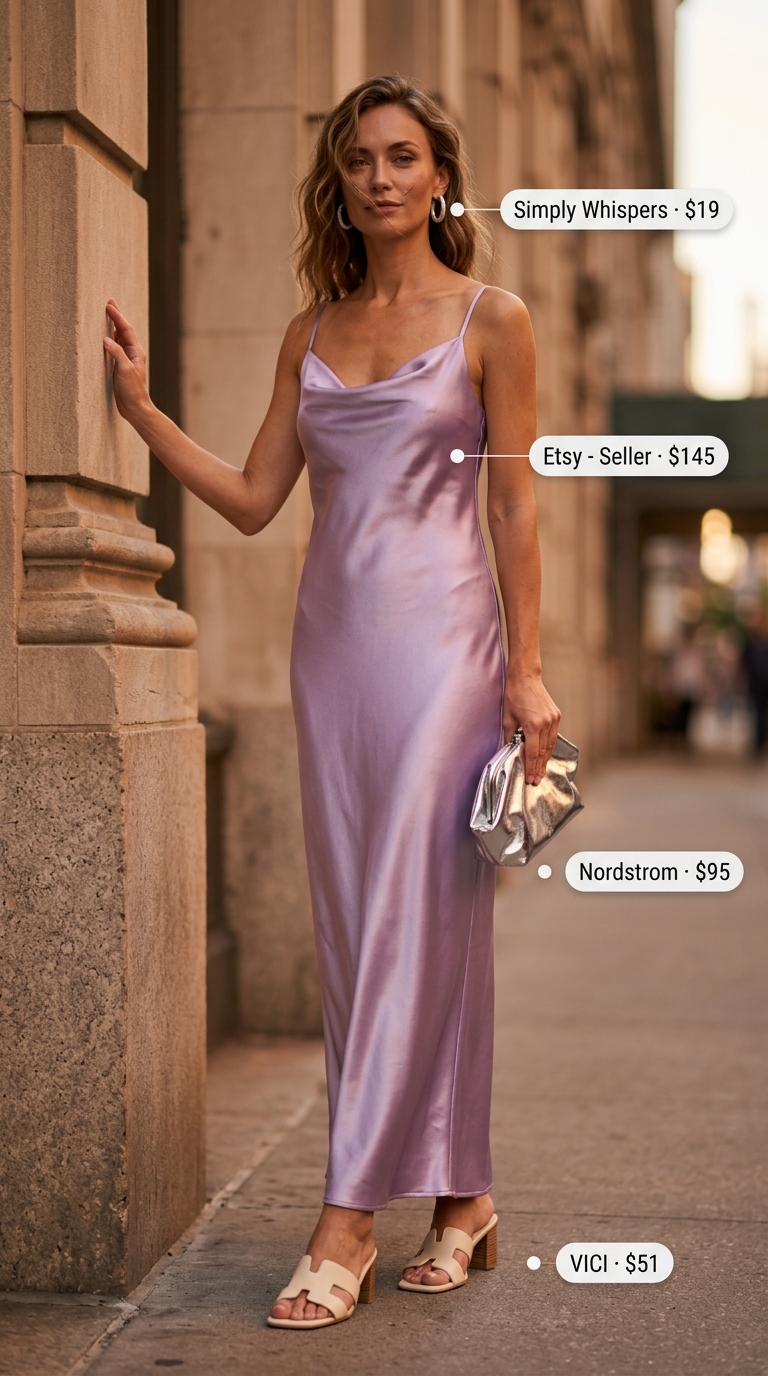 Versatile every day summer outfits for women 2026: Lavender slip dress, silver heels for sunset aperitivo.
