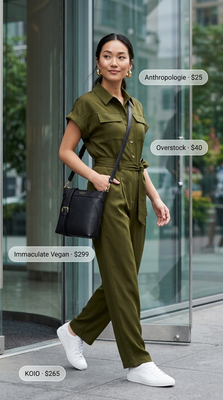 Versatile every day summer outfits for women 2026: Olive utility jumpsuit, white sneakers & black crossbody for urban exploration.