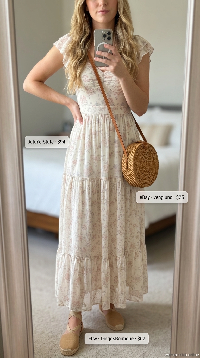 Bohemian sunset soirée outfit: tiered maxi dress, espadrilles for versatile every day summer outfits for women 2026.