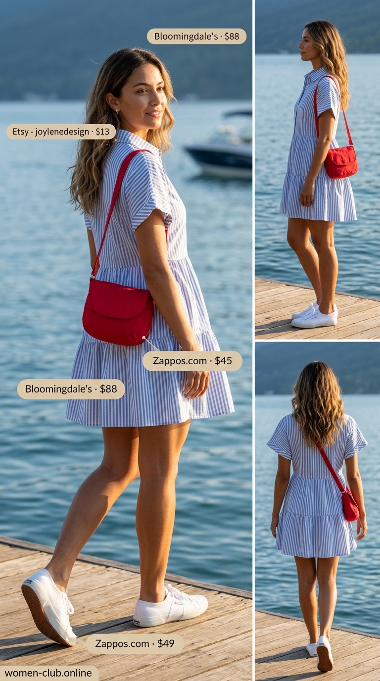 Nautical navy stripe shirt dress outfit with white sneakers for versatile every day summer outfits for women 2026.