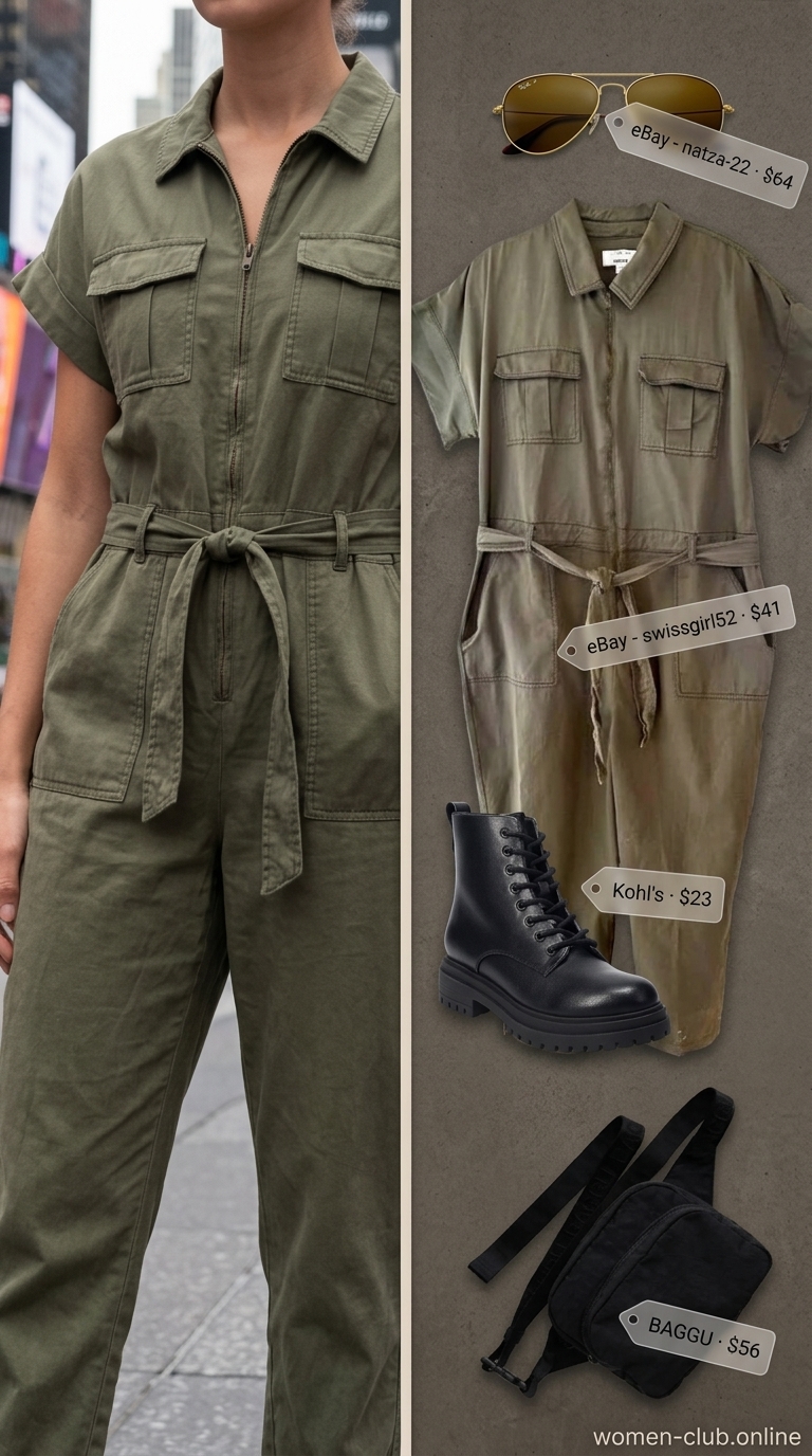 Versatile every day summer outfits for women 2026: Khaki utility jumpsuit, combat boots, belt bag for utility chic style.
