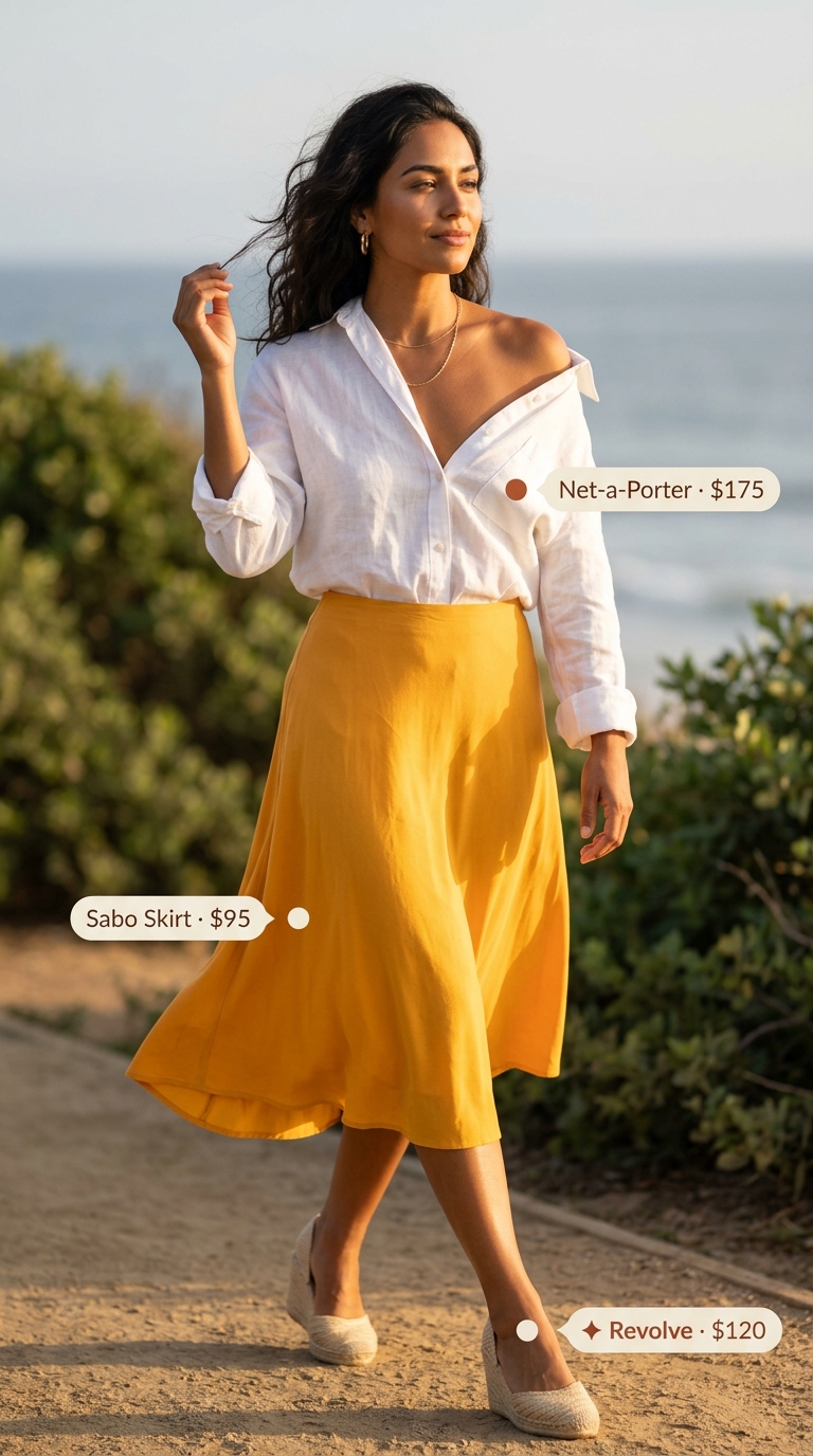 Versatile every day summer outfits for women 2026: Cream linen pants, sage tank, straw bag for a coastal morning stroll.