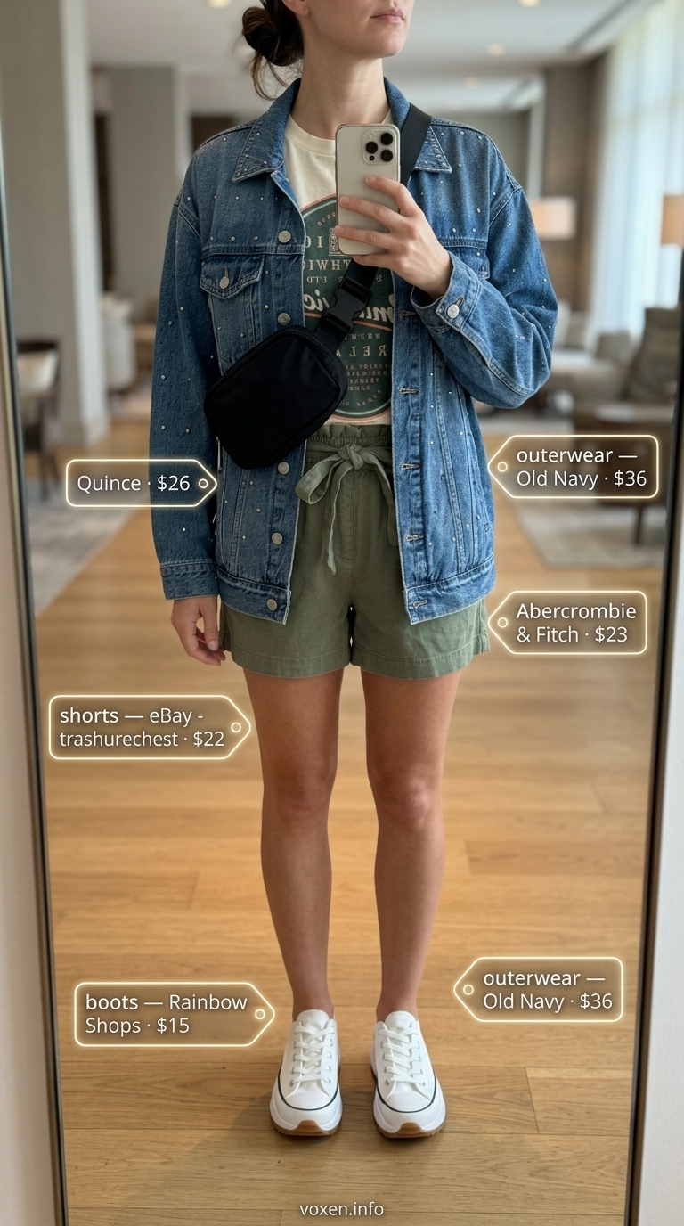 Comfy airport outfits summer for women 2026: Olive shorts, graphic tee, denim jacket, and chunky sneakers for a trendy look.