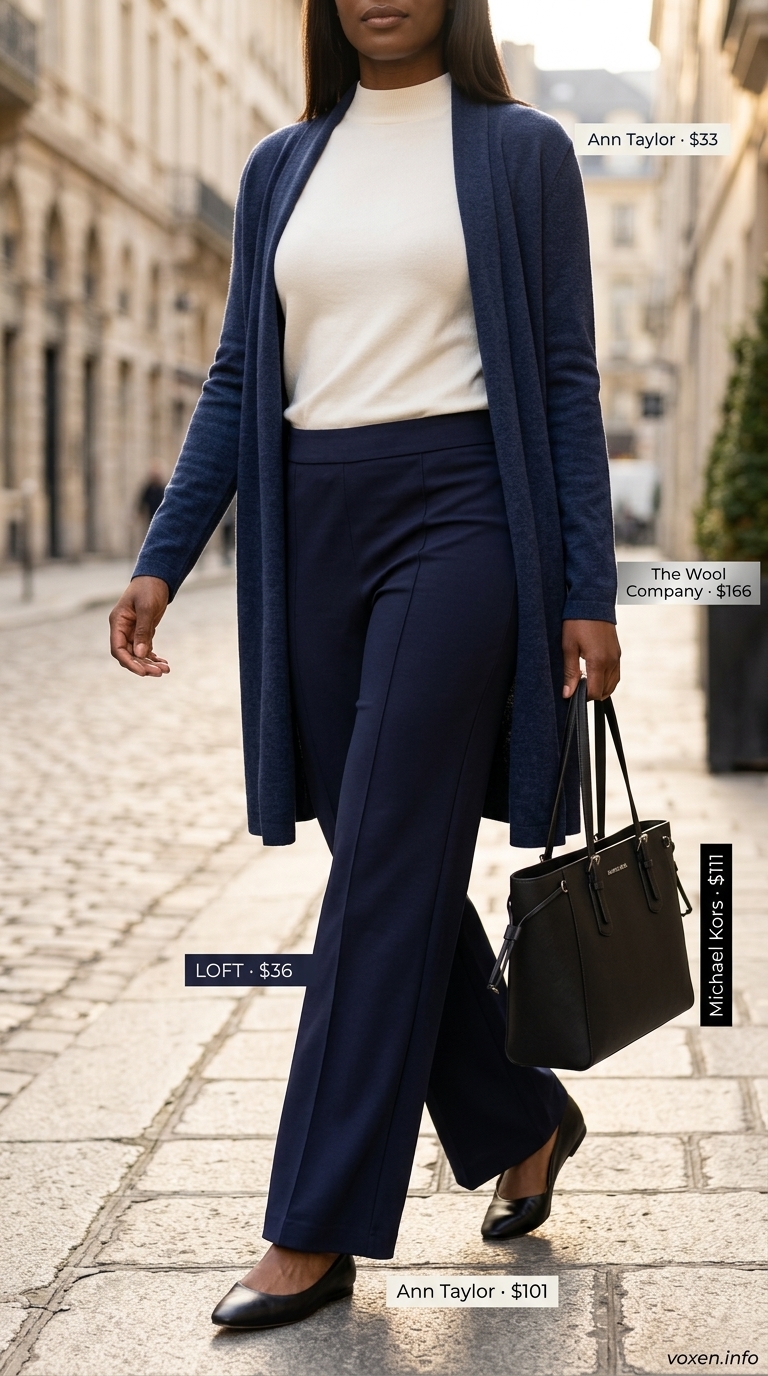 Comfy airport outfits summer for women 2026: Navy wide-leg trousers, ivory knit top, and long cardigan for travel.