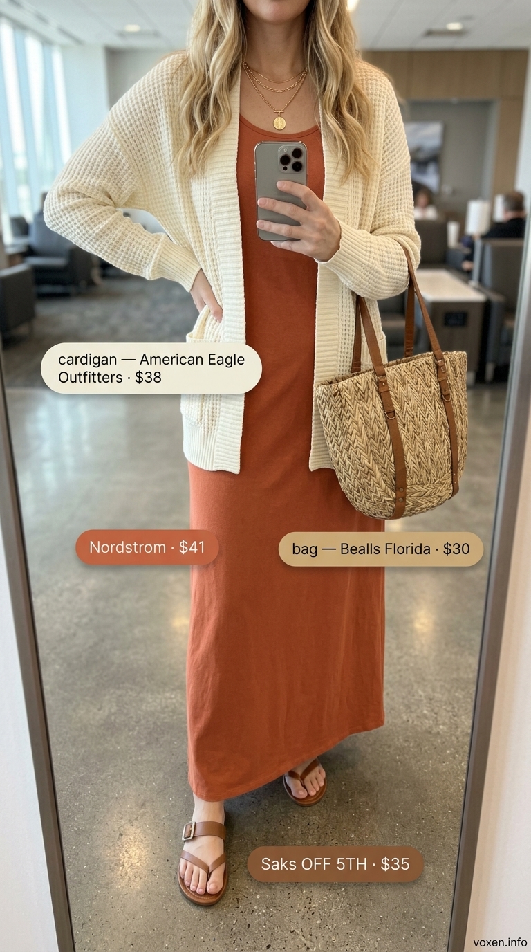 Comfy airport outfits summer for women 2026: Terracotta maxi dress, cream cardigan, straw tote, and sandals for travel.