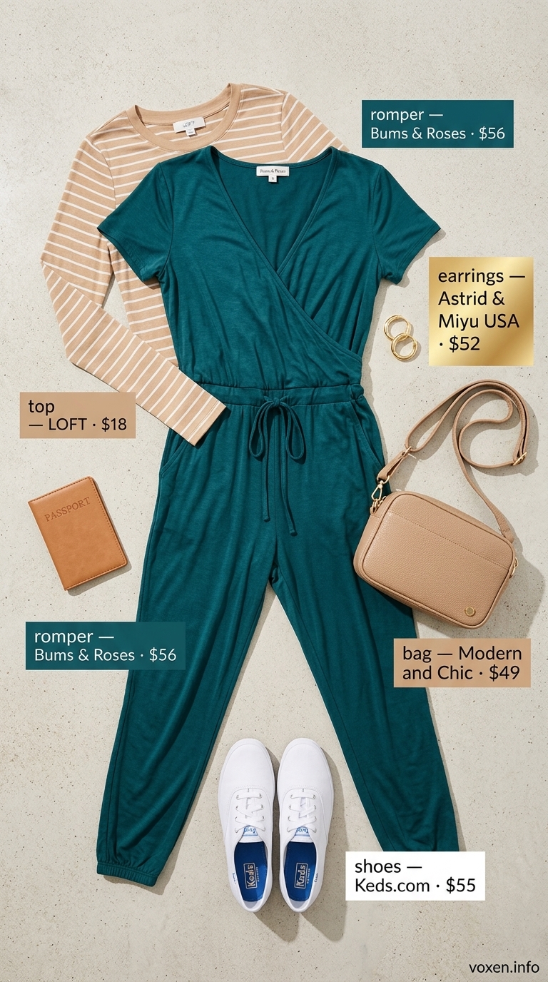 Comfy airport outfits summer for women 2026: Teal romper with striped tee and white sneakers for a playful escape.