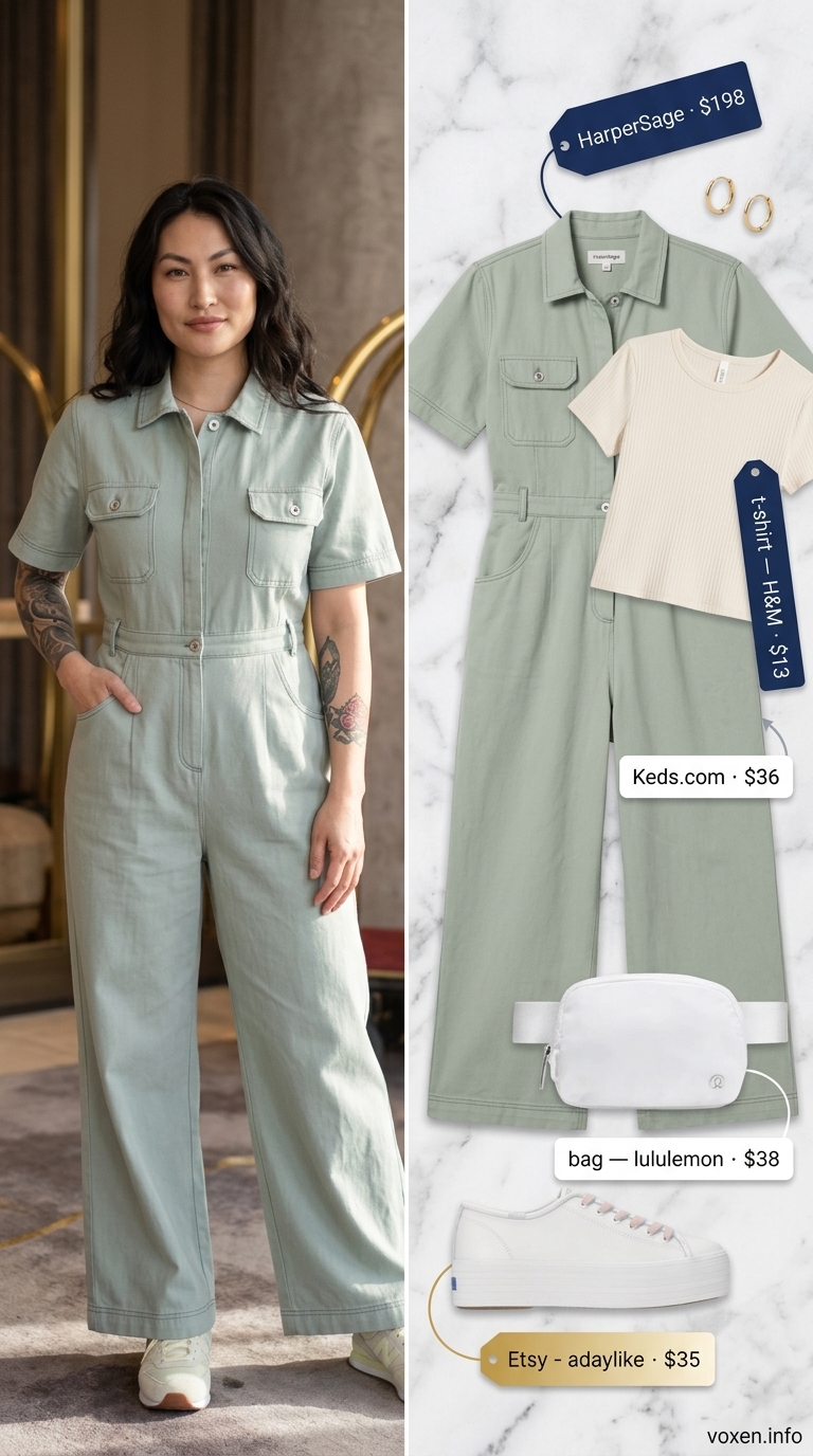 Comfy airport outfits summer for women 2026: Sage green utility jumpsuit, cream tee, and sneakers for a modern travel look.