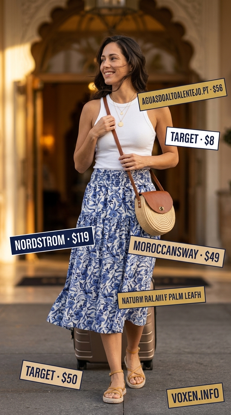 Comfy airport outfits summer for women 2026: Navy floral skirt, white tank, espadrilles, and woven bag for travel.