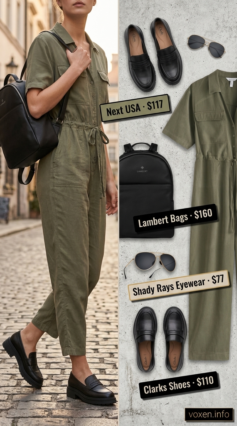 Comfy airport outfits summer for women 2026: Khaki utility jumpsuit, leather loafers, backpack, and sunglasses for travel.