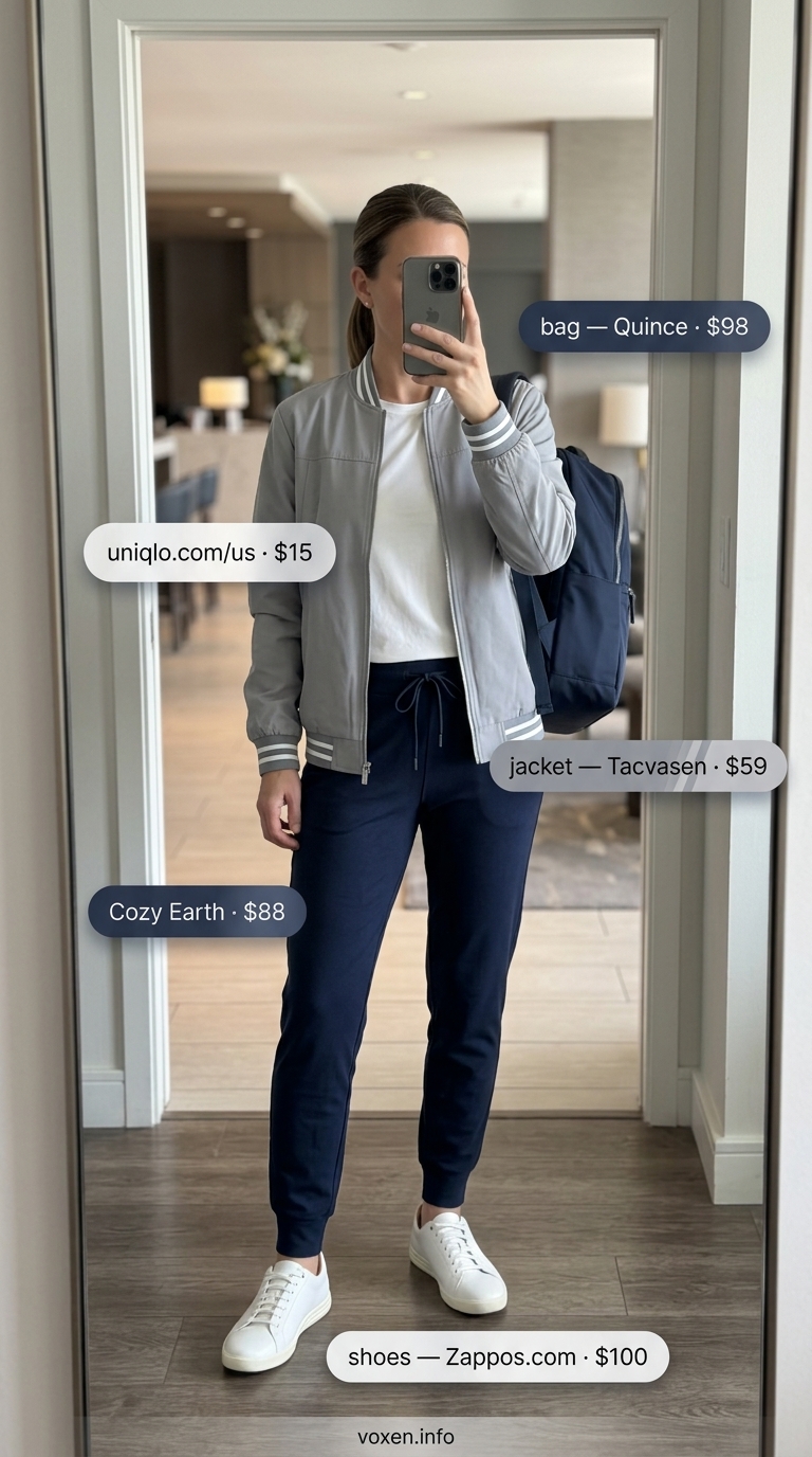 Comfy airport outfits summer for women 2026: Navy joggers with white tee, bomber jacket, and backpack for athleisure travel.