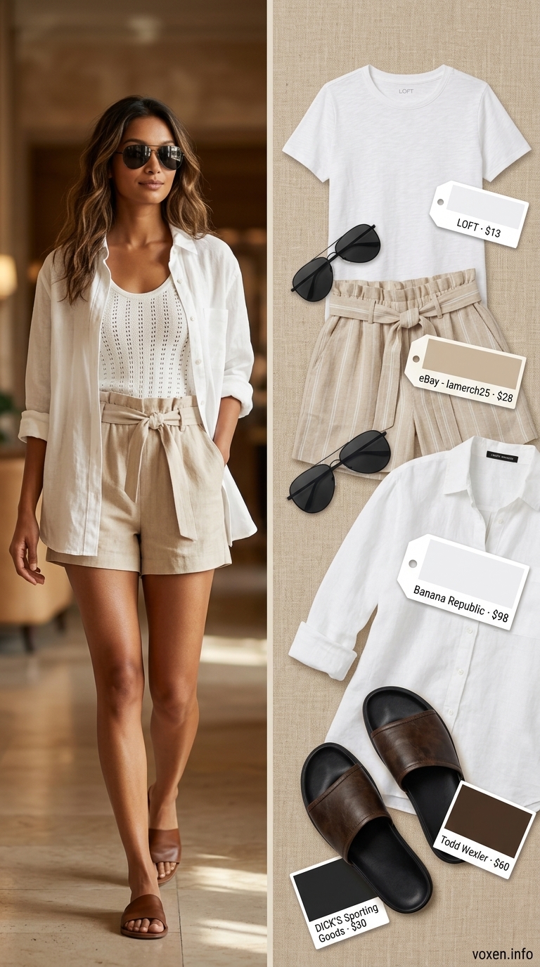 Comfy airport outfits summer for women 2026: Khaki paperbag shorts with linen shirt and straw tote for a beach vacation.