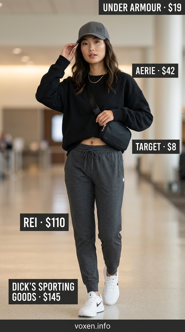 Comfy airport outfits summer for women 2026: Charcoal joggers, black sweatshirt, sneakers, and belt bag for travel.