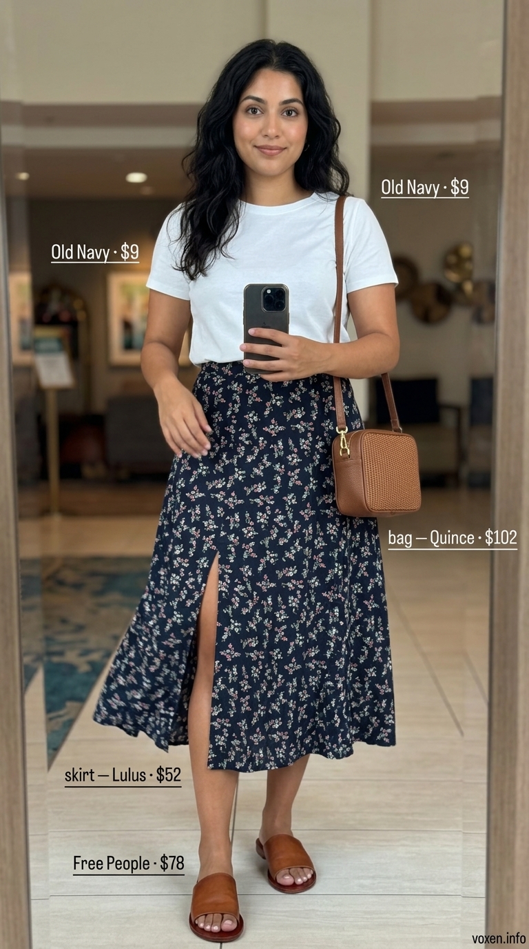 Comfy airport outfits summer for women 2026: Navy floral skirt, white tee, denim shirt, and slides for a whimsical travel look.
