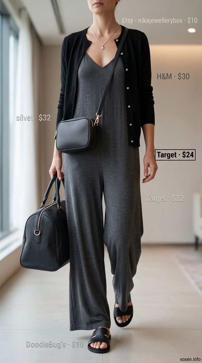 Comfy airport outfits summer for women 2026: Charcoal gray wide-leg jumpsuit, black cardigan, and slip-on flats for travel.