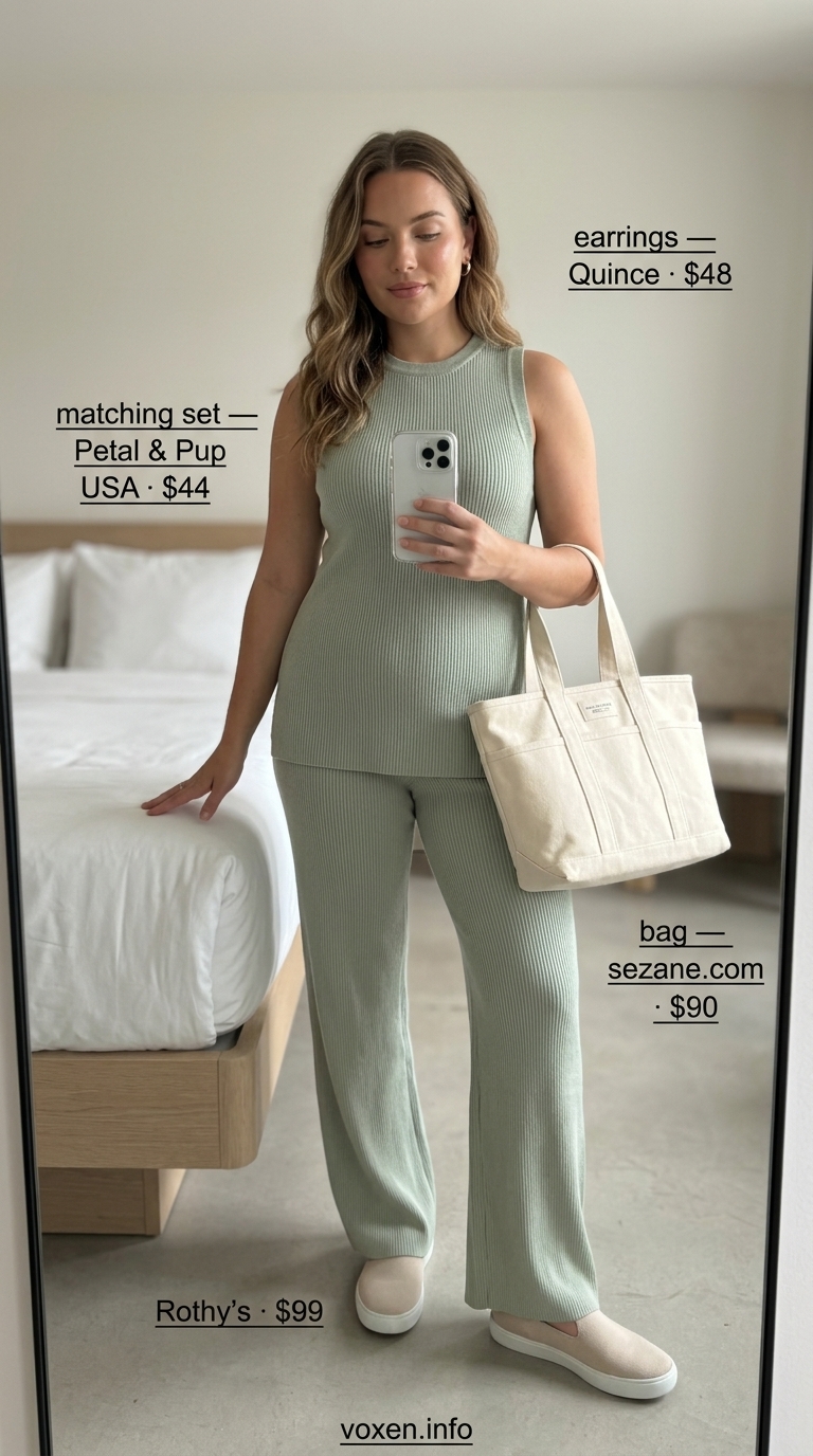 Comfy airport outfits summer for women 2026: Sage green knit set with cream sneakers and tote for a cozy flight.