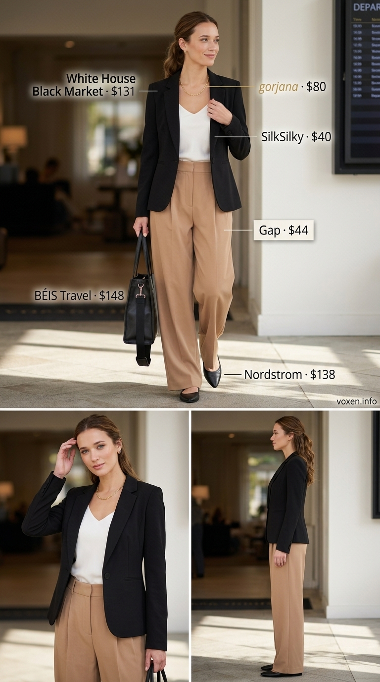 Comfy airport outfits summer for women 2026: Camel trousers, black blazer, ivory cami, and flats for a polished travel look.