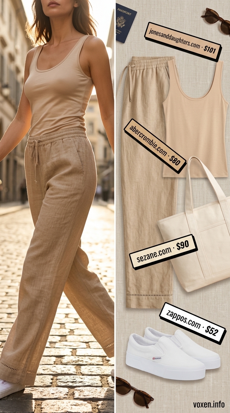 Comfy airport outfits summer for women 2026: Cream linen pants, knit tank, cardigan, and sneakers for a relaxed travel look.