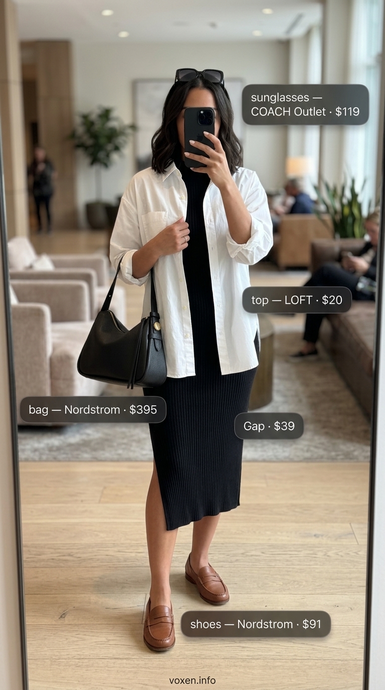 Comfy airport outfits summer for women 2026: Black midi dress with oversized white shirt and cognac loafers for sleek transit.