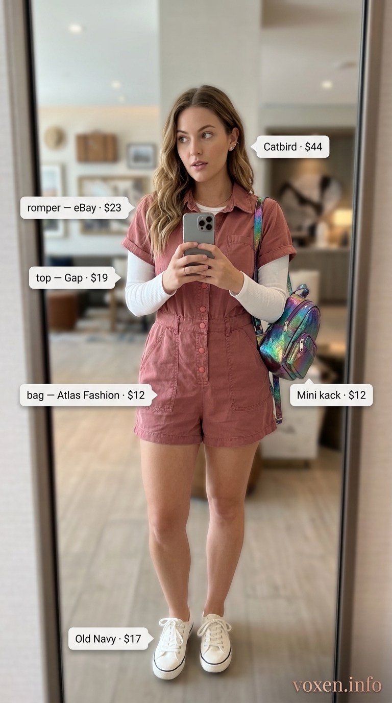 Comfy airport outfits summer for women 2026: Dusty rose romper, white crop top, and sneakers for a playful travel look.