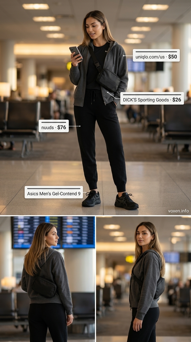 Comfy airport outfits summer for women 2026: Grey joggers, black tee, zip-up hoodie, and sneakers for a sporty travel look.