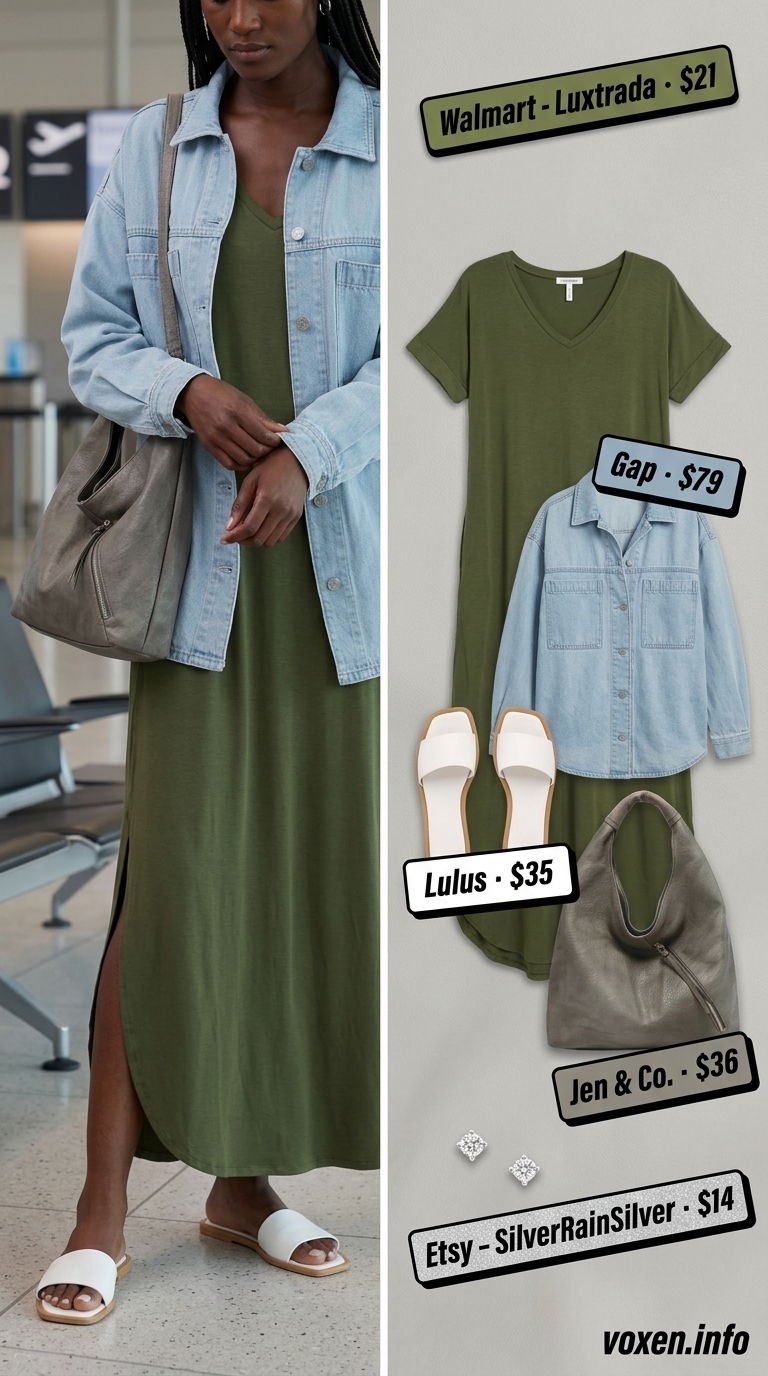 Comfy airport outfits summer for women 2026: Olive maxi dress, denim jacket, slides, and hobo bag for a cozy flight.