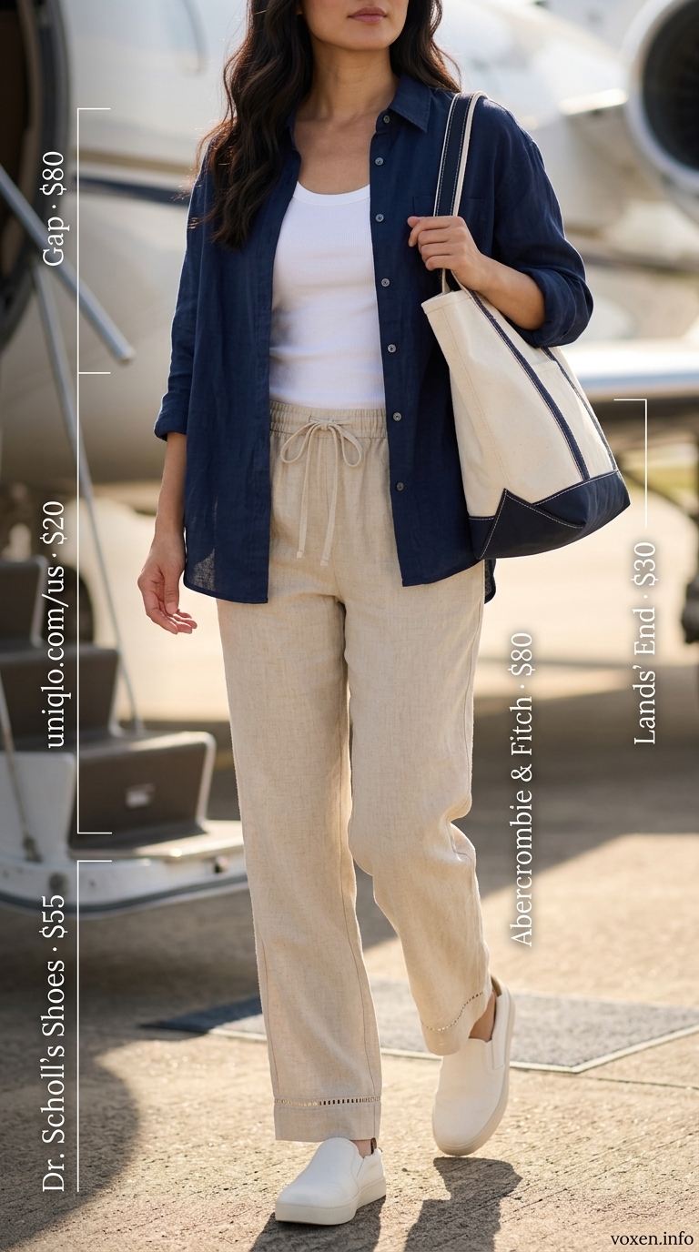 Comfy airport outfits summer for women 2026: Sand beige linen pants, white tank, navy shirt, and sneakers for travel.