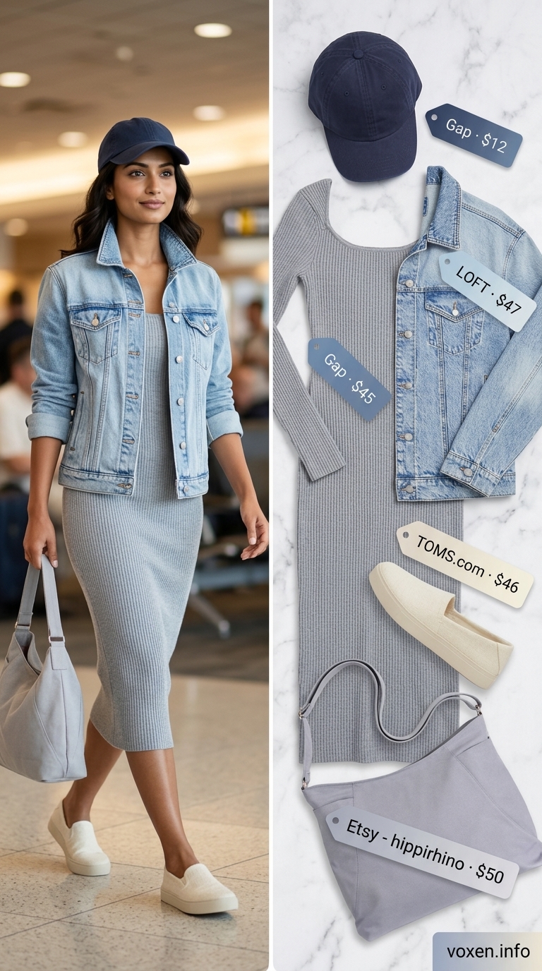 Comfy airport outfits summer for women 2026: Grey knit midi dress with denim jacket and baseball cap for a cozy commute.