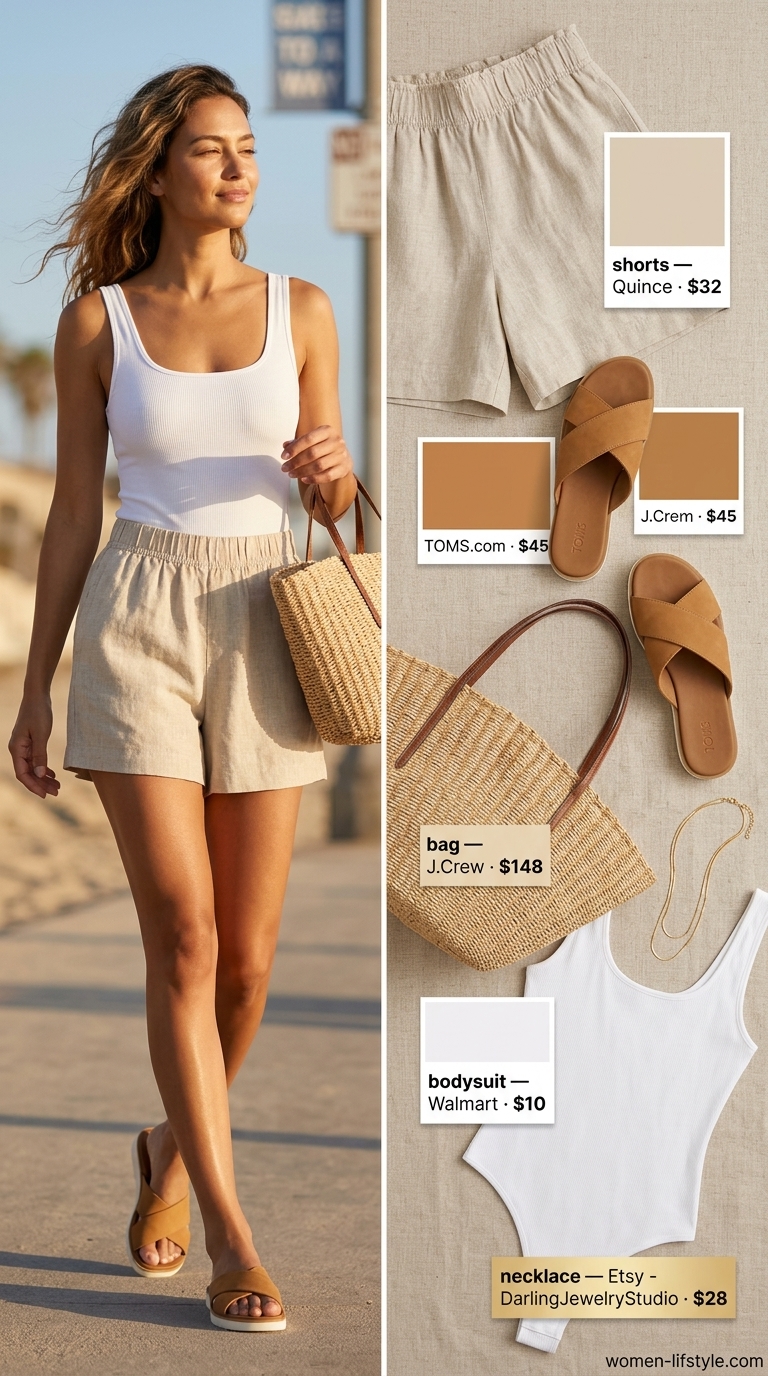 Coastal breeze bodysuit outfit: White ribbed bodysuit, linen shorts, straw tote, leather slides, gold necklace for women 2026.