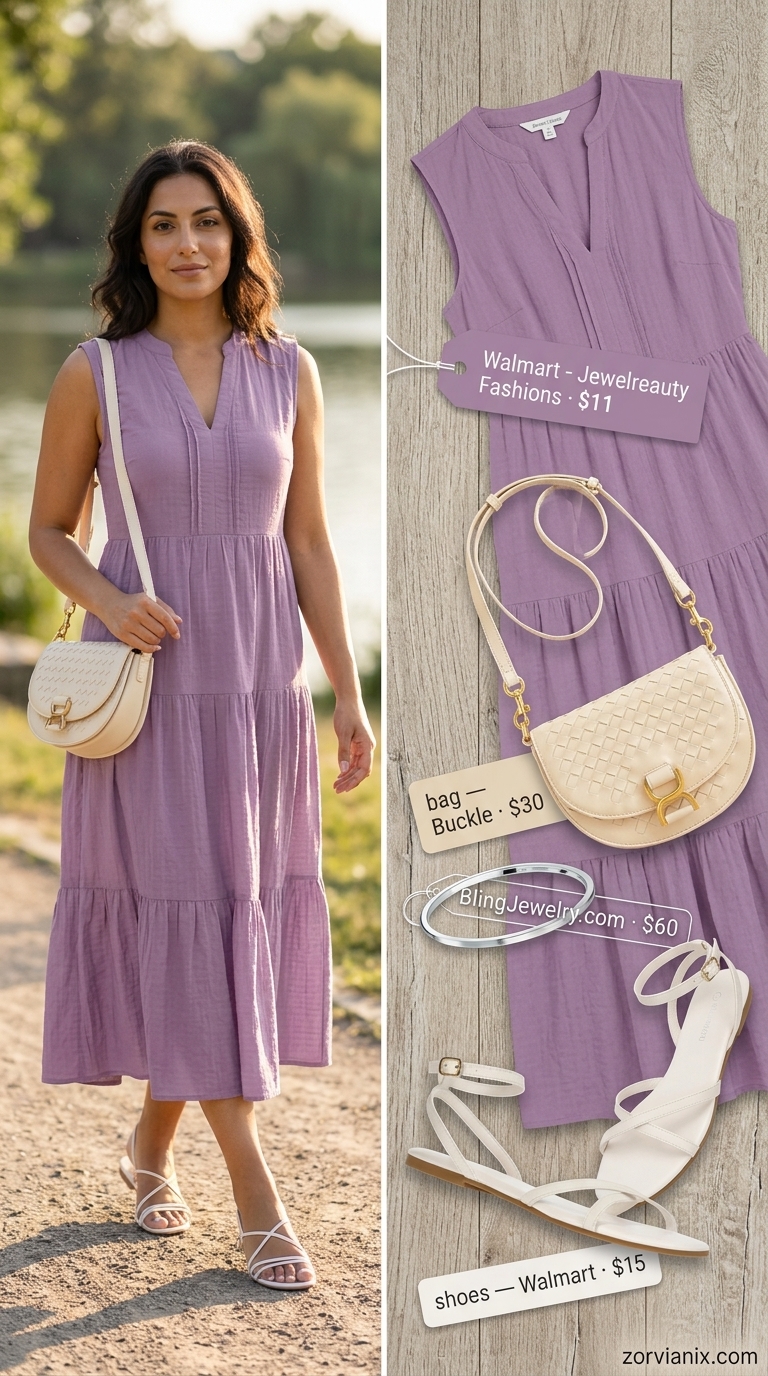 Romantic Summer Sleeveless Dresses for Women 2026: Lakeside Vibes Lavender sleeveless tiered maxi dress for women 2026, perfect for a romantic lakeside retreat with cream sandals and silver jewelry.