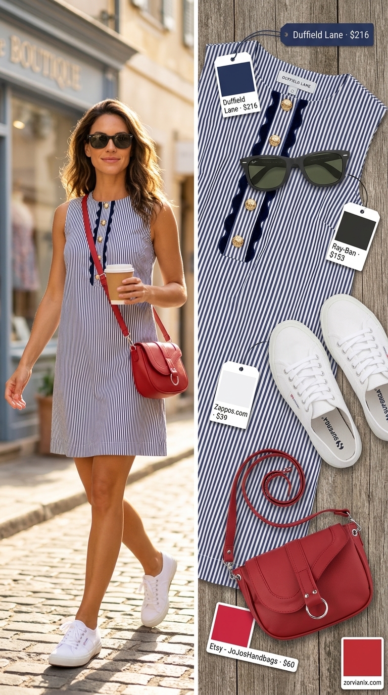 Playful Summer Sleeveless Dresses for Women 2026: Picnic Perfect Navy and white striped sleeveless A-line mini dress for women 2026, for a playful preppy picnic with white sneakers and red crossbody bag.