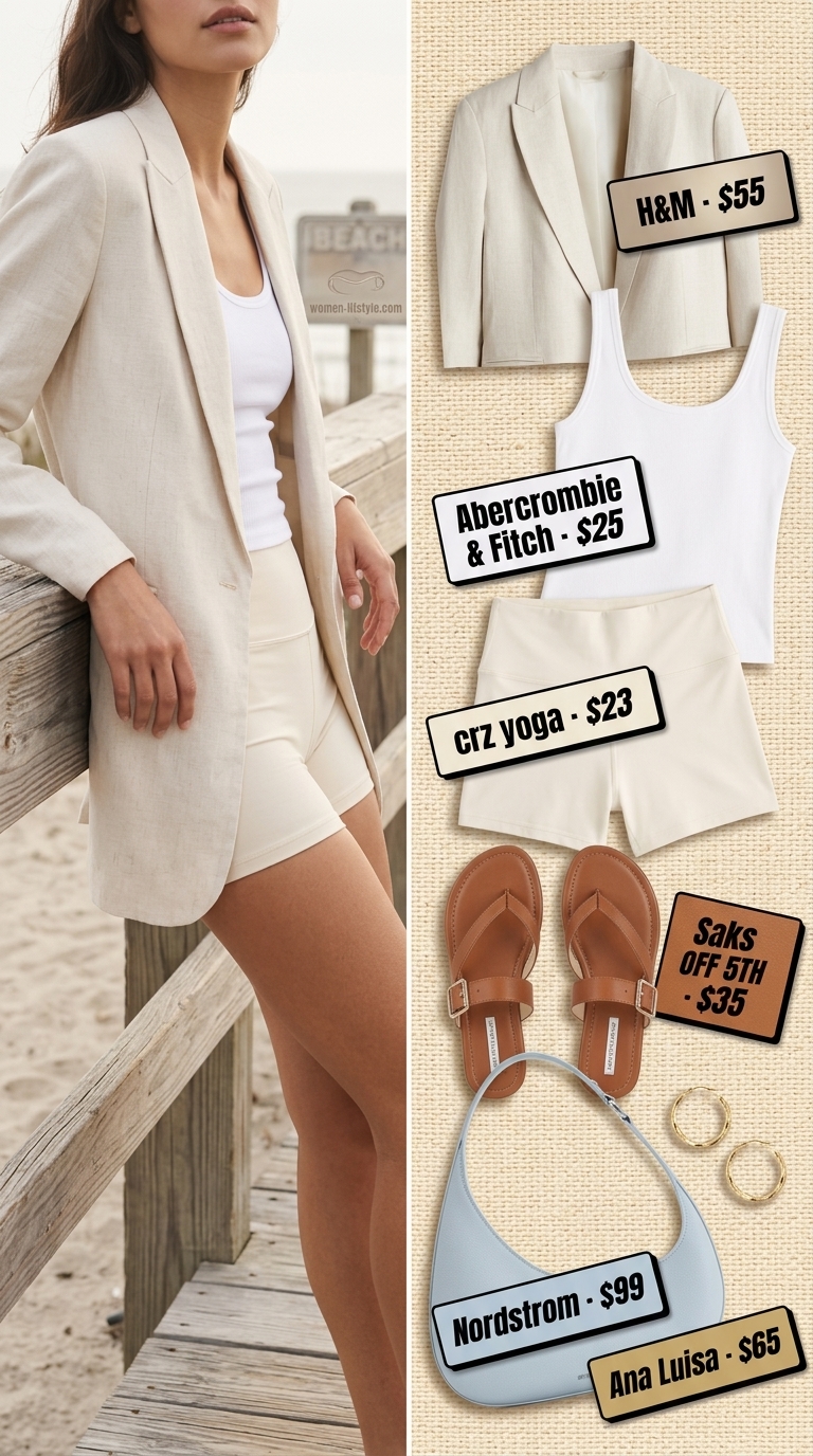 Trendy biker shorts outfits summer for women 2026: White biker shorts with linen blazer for coastal brunch.