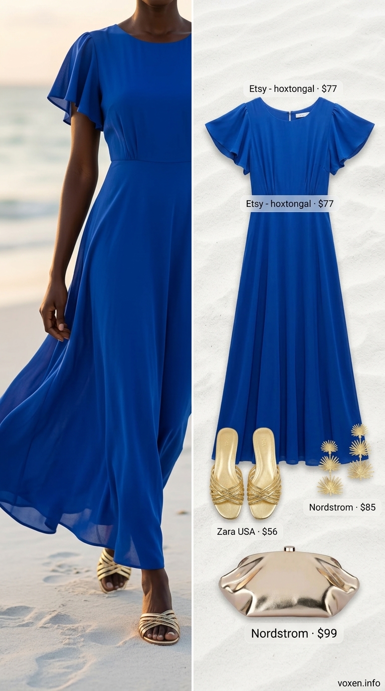 A black woman models a cobalt blue floral print maxi dress with gold sandals and earrings, a glamorous choice for summer outfits for black women 2026 resort dinners.