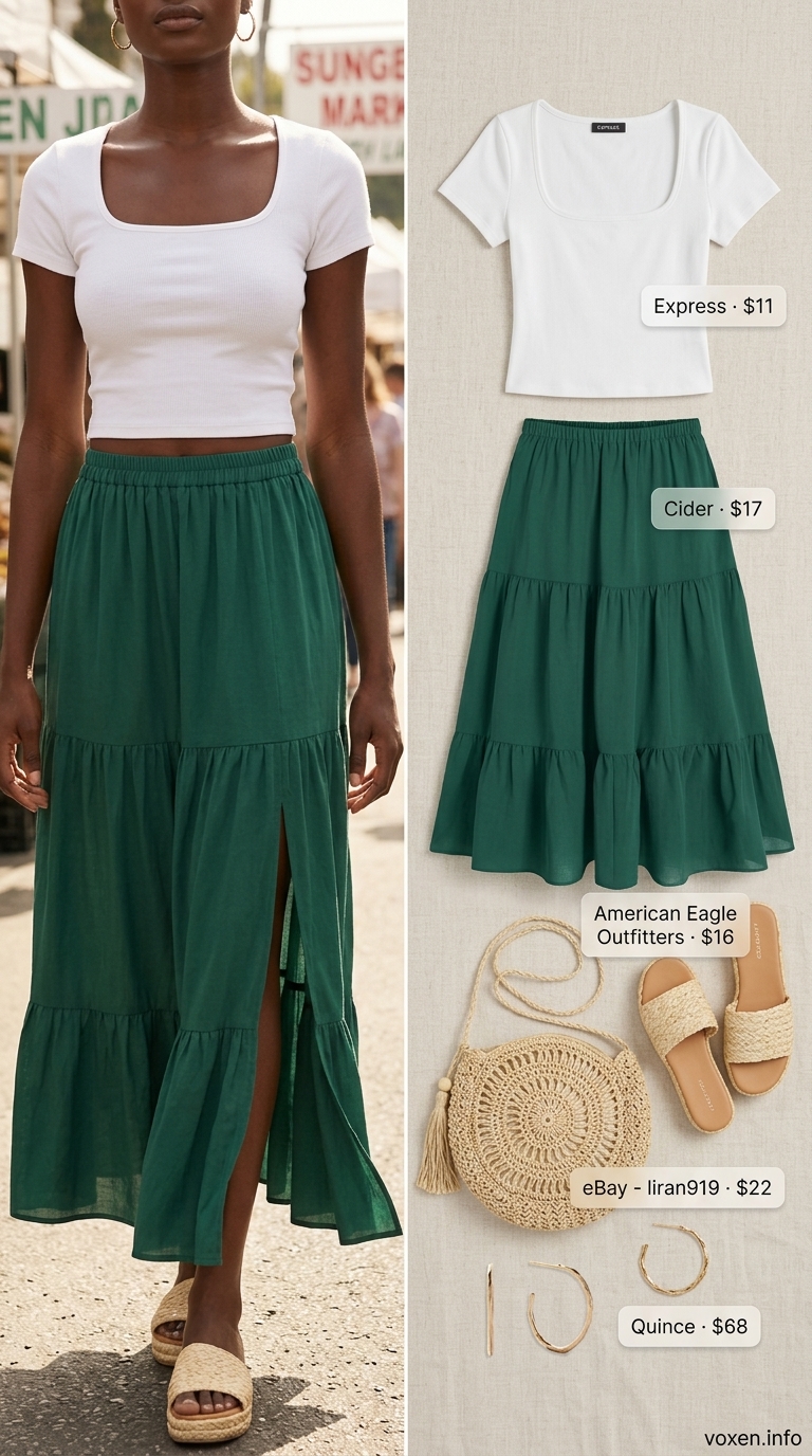 A Black woman wears a vibrant emerald green maxi skirt and white crop top, perfect for summer outfits for black women 2026 brunch or vacation.
