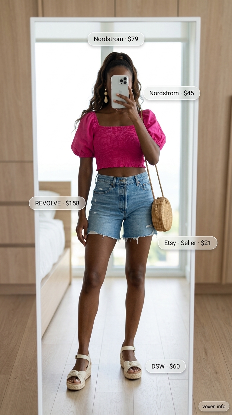 Playful fuchsia tropical print off-the-shoulder crop top with high-waisted denim shorts, perfect for summer outfits for black women 2026 beach clubs.