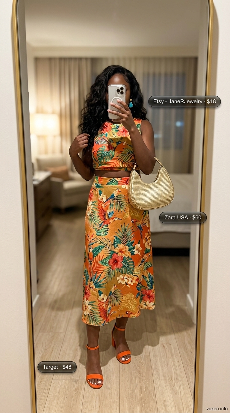 A black woman showcases a vibrant tropical print cropped shirt and wide-leg pants set with orange heels and gold earrings, a playful look for summer outfits for black women 2026 resort evenings.