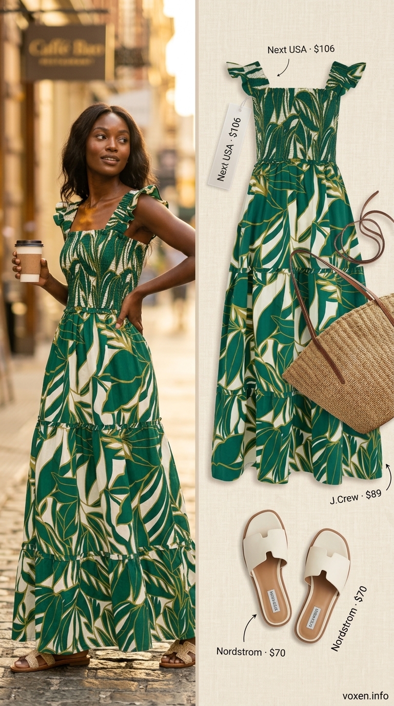 A woman wears a tropical green and ivory maxi dress, straw hat, and tote bag, perfect for summer outfits for black women 2026 vacation style.