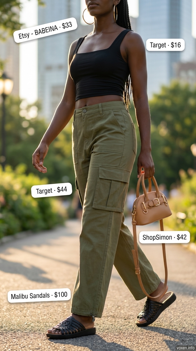 A black woman wears olive green cargo pants, a black crop top, tan slide sandals, and gold hoops, a modern take on summer outfits for black women 2026 city safari chic.