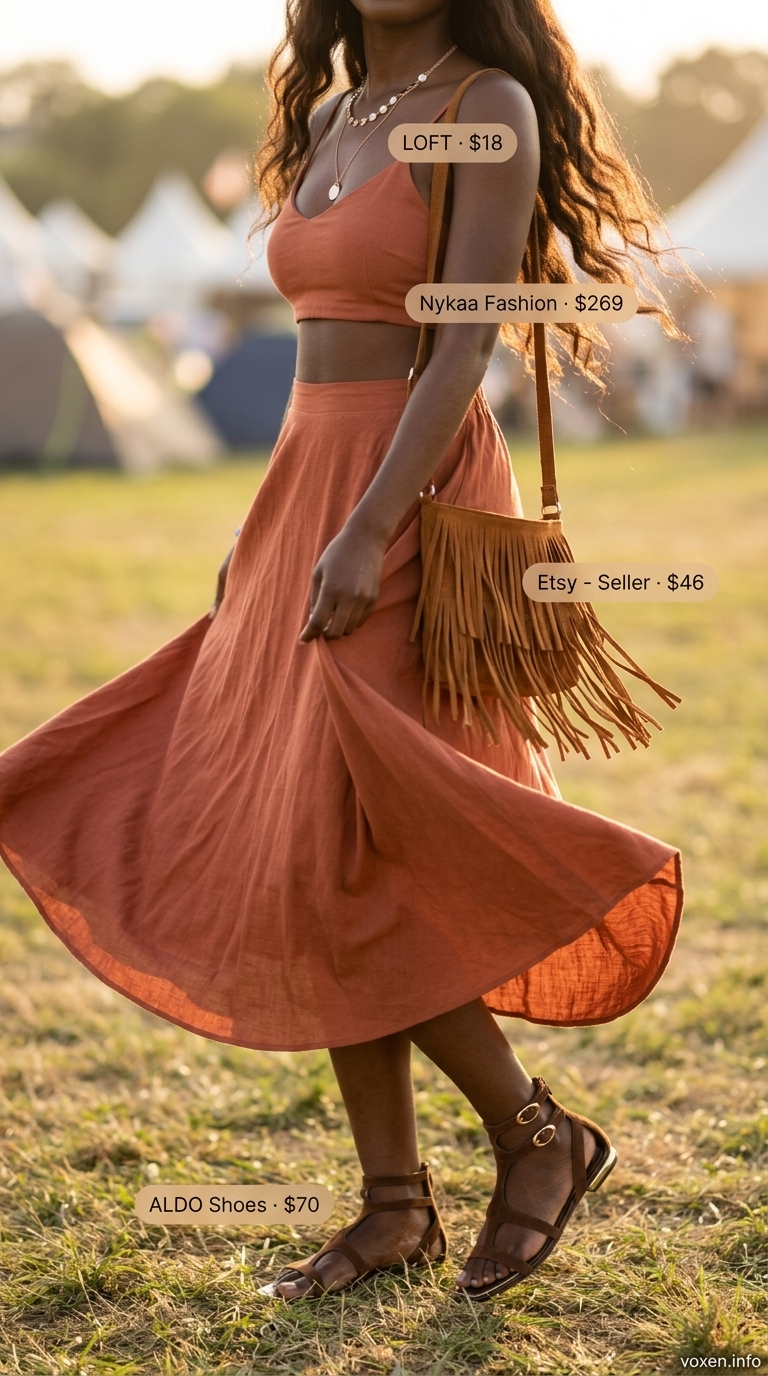 A woman in a terracotta and cream print crop top and maxi skirt set, gladiator sandals, and a fringed bag, perfect for summer outfits for black women 2026 festival vibes.