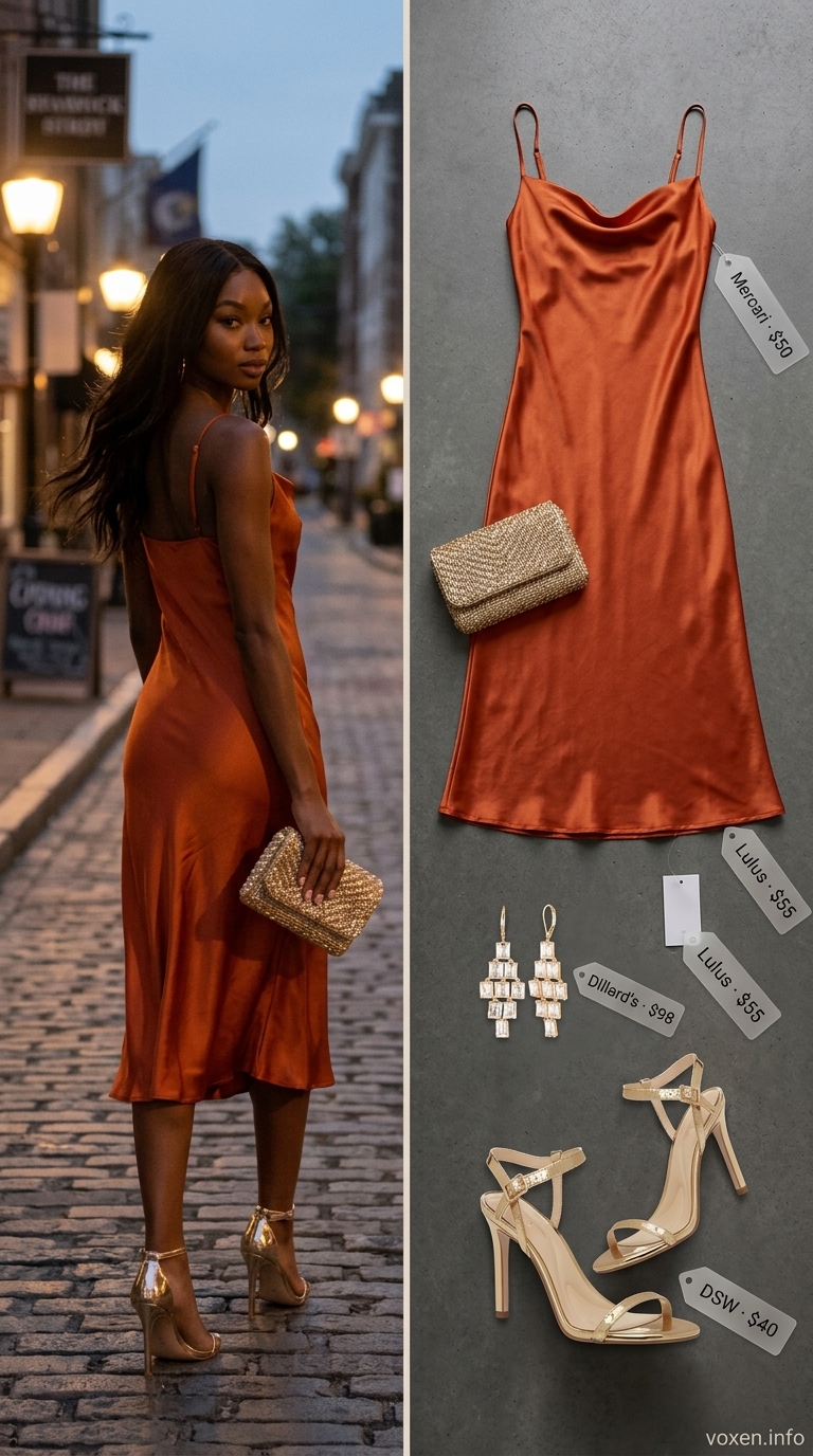 Elegant Burnt Orange satin midi slip dress with gold accessories, a radiant choice for summer outfits for black women 2026 date nights.