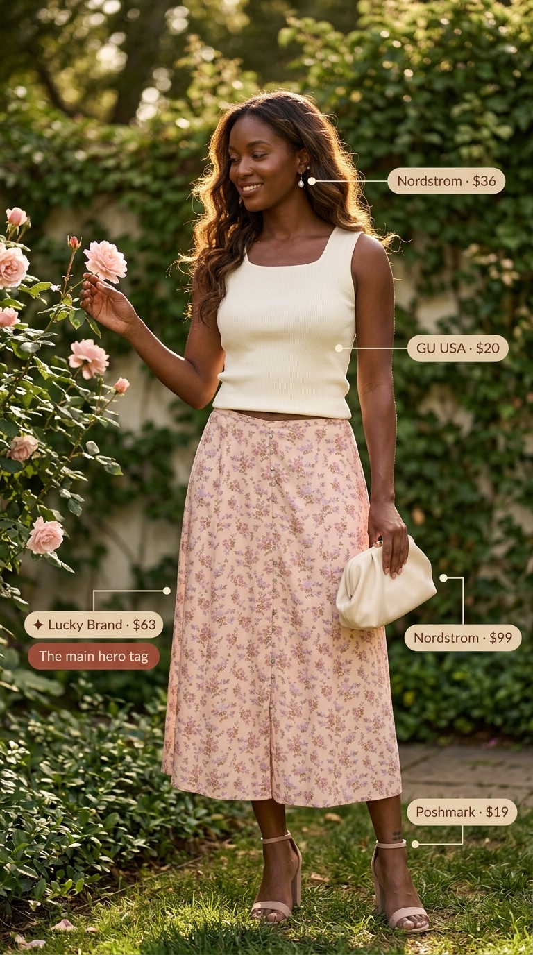 An elegant black woman in a blush pink floral midi skirt, cream knit tank, nude block heels, and gold pearl earrings, perfect for summer outfits for black women 2026 garden parties.