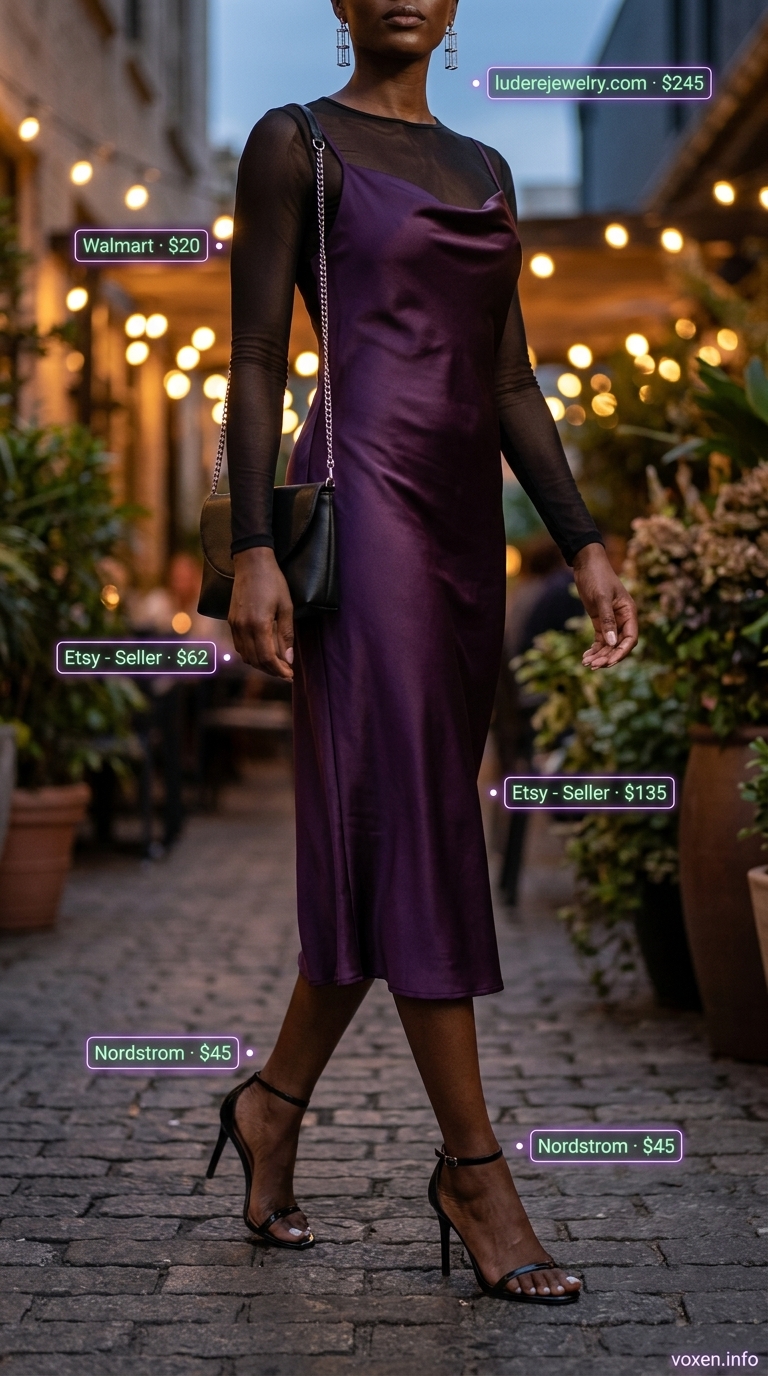A woman models a black silk slip dress with a deep purple mesh top, silver earrings, and strappy heels, ideal for summer outfits for black women 2026 evening events.