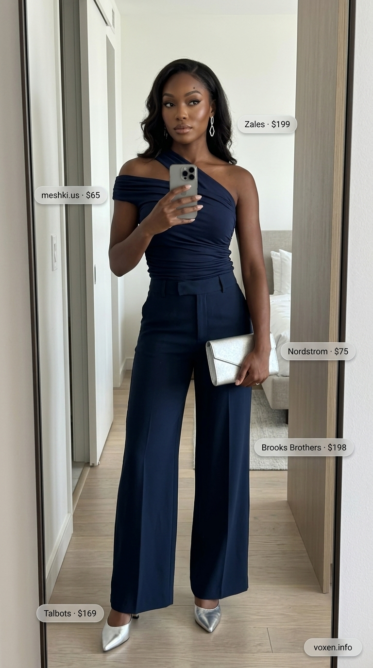 A sophisticated navy wide-leg trousers and white one-shoulder top combo, ideal for summer outfits for black women 2026 soirees.