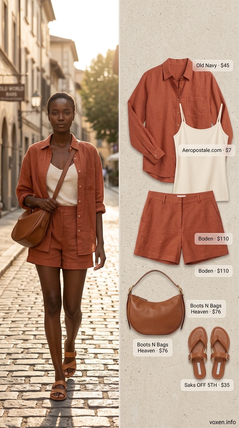 A woman in terracotta linen shorts, a cream oversized linen shirt, dark brown slides, and a tan crossbody, perfect for summer outfits for black women 2026.