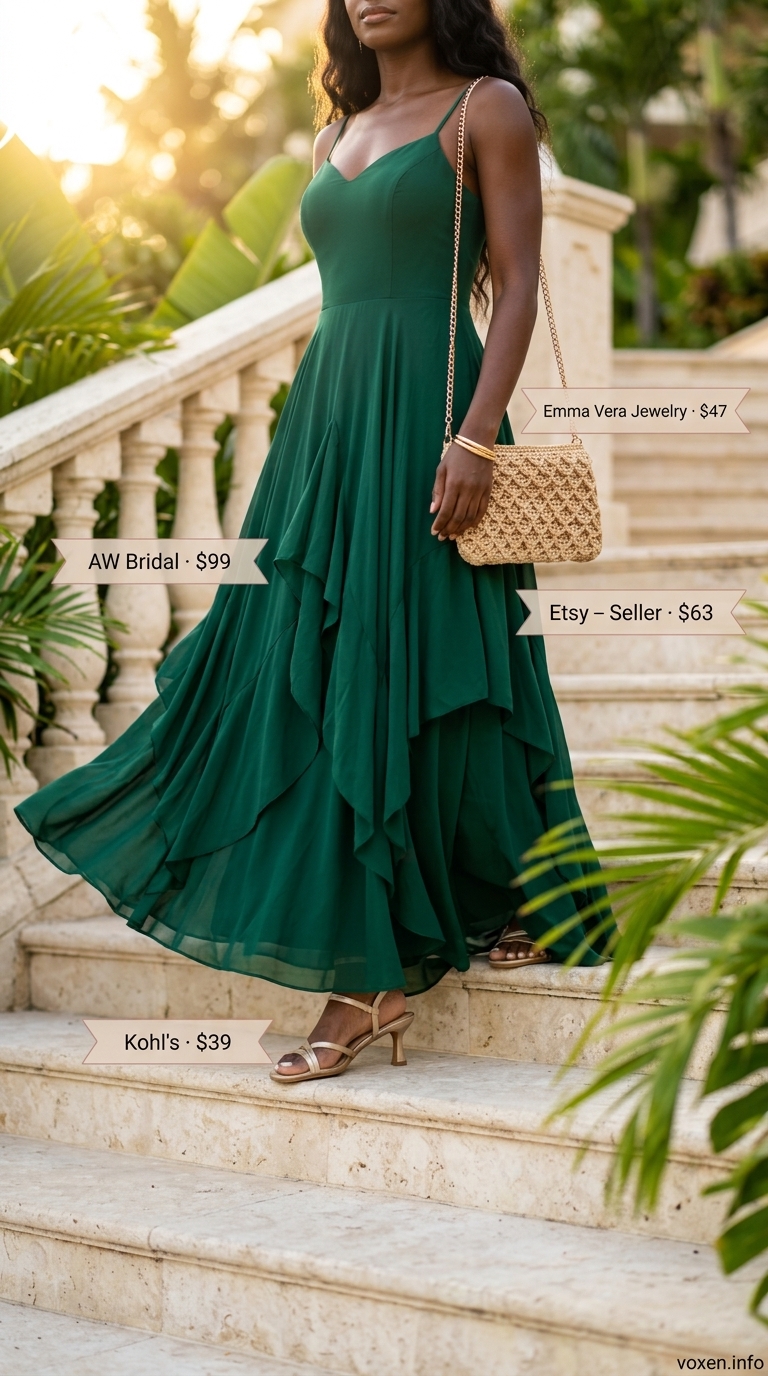 An elegant black woman in a flowy emerald green tiered maxi dress with gold accessories, showcasing summer outfits for black women 2026 for a resort brunch.