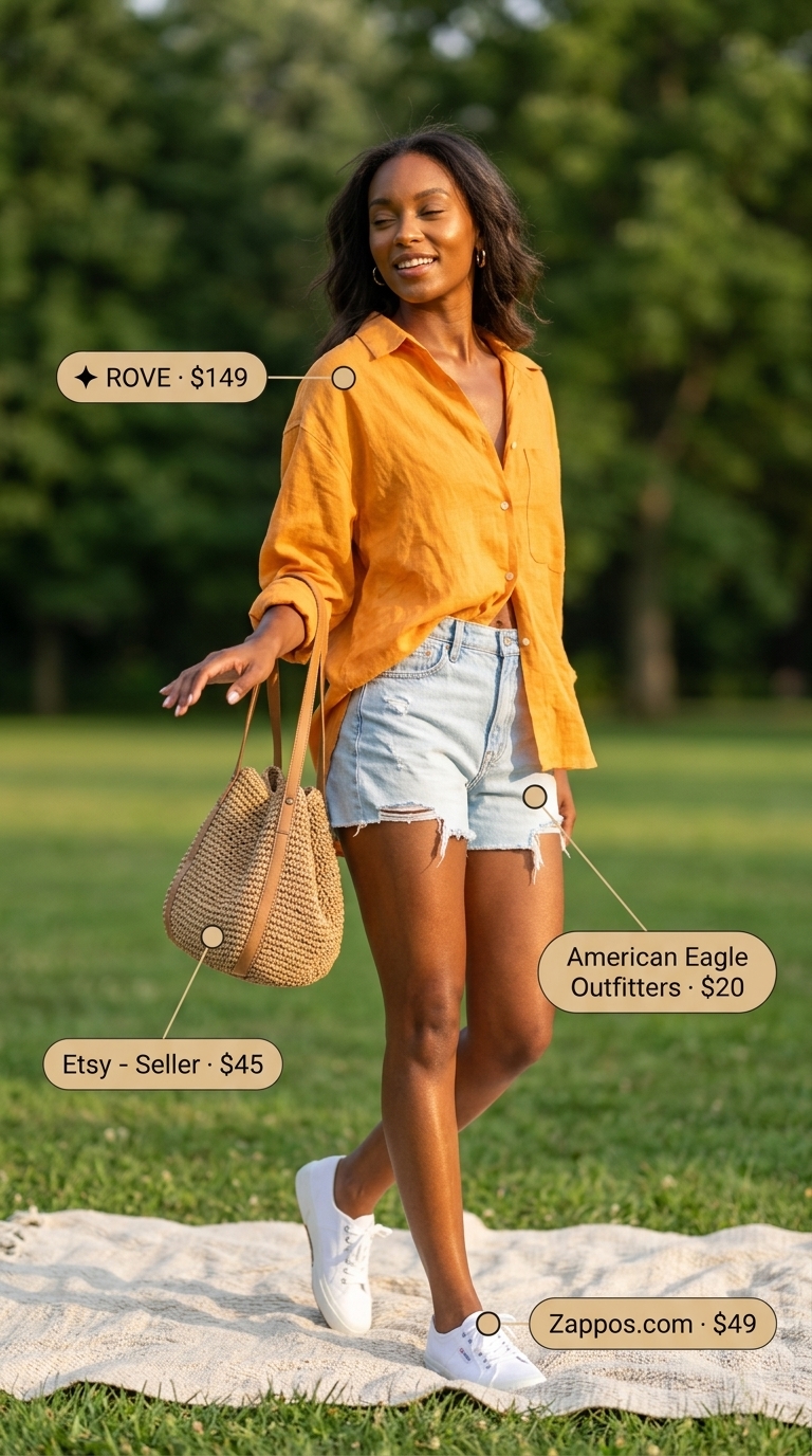 A woman in bright orange linen shirt, distressed denim shorts, white sneakers, and a straw crossbody, ideal for summer outfits for black women 2026 picnics.