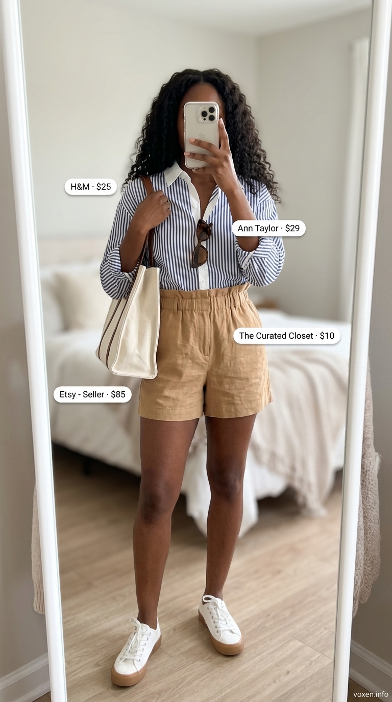 A stylish black woman wears a relaxed navy and white striped button-down with tan linen shorts and espadrilles, perfect for summer outfits for black women 2026 at a weekend market.