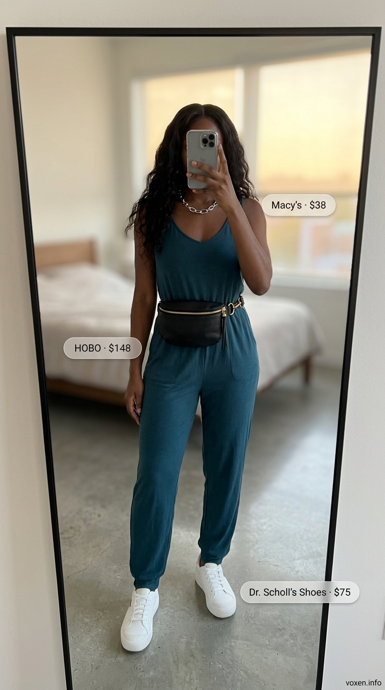 A black woman wears a deep teal utility wide-leg jumpsuit with white sneakers, a black belt bag, and a chunky silver necklace, a modern option for summer outfits for black women 2026 downtown art walks.