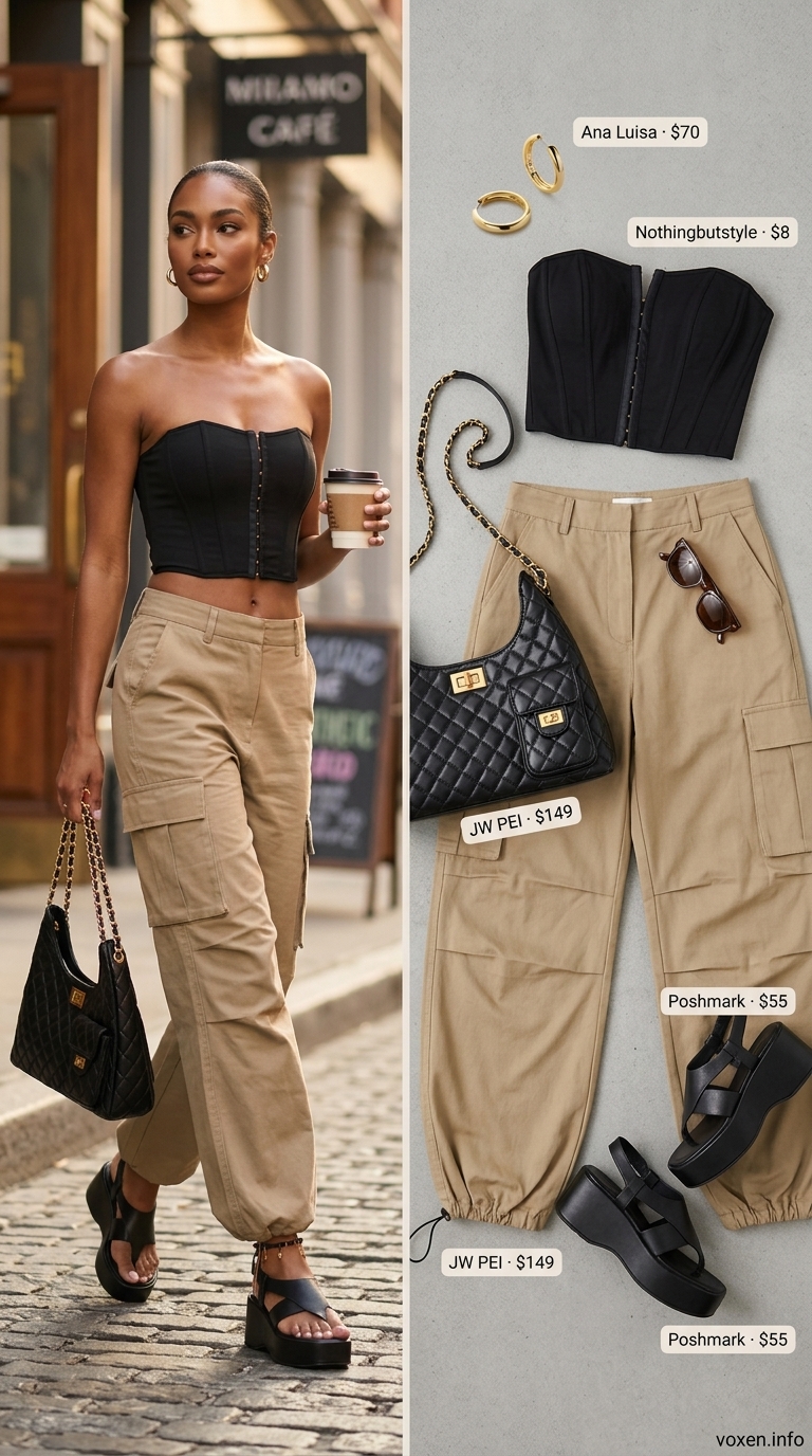 Edgy khaki green utility cargo pants with a black bustier crop top, creating a chic City Safari look for summer outfits for black women 2026.