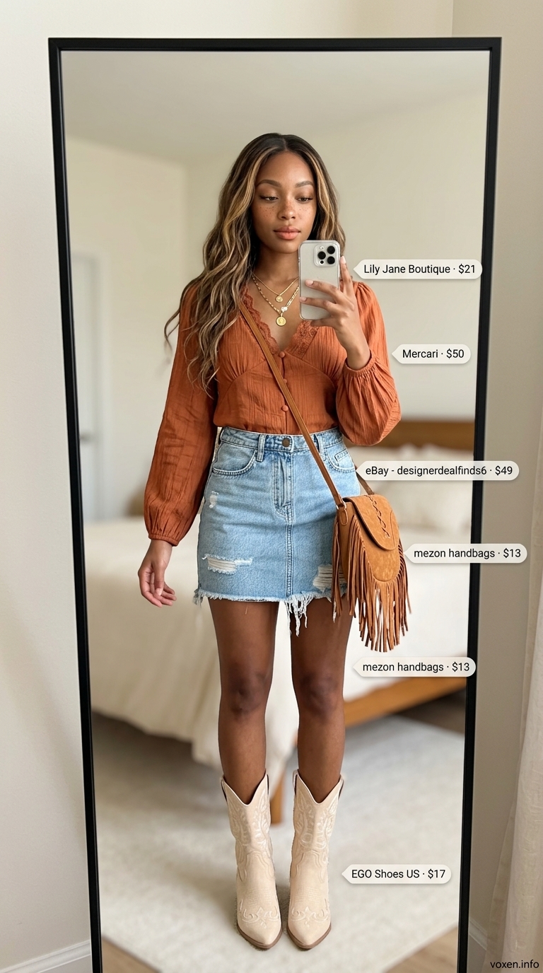 A black woman rocks a rust orange embroidered peasant blouse, distressed denim mini skirt, and cream cowboy boots, embodying summer outfits for black women 2026 festival style.