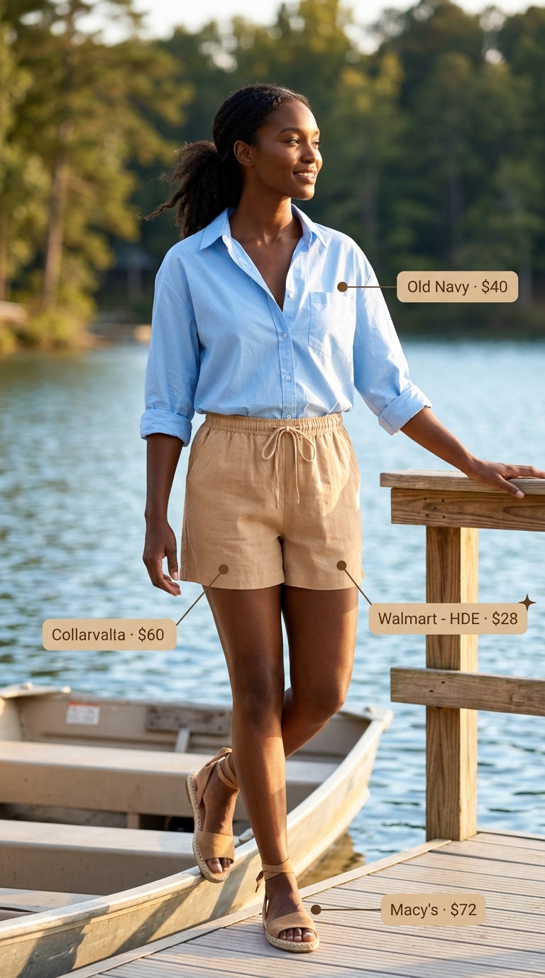 A woman in sky blue linen shorts, an oversized white button-down, espadrille sandals, and a straw crossbody, perfect for summer outfits for black women 2026.
